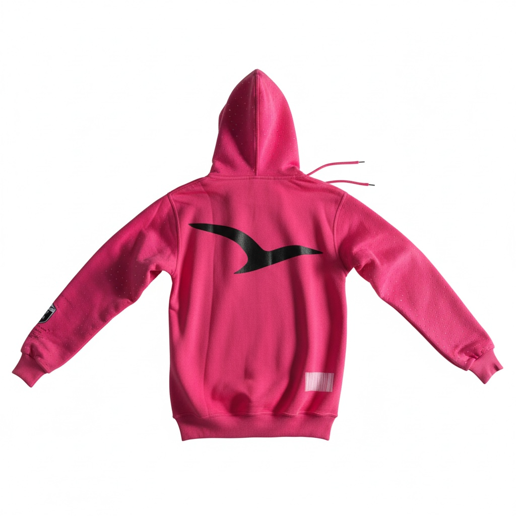 Pink acid wash hoodie with a black bird symbol logo on the back against a white background