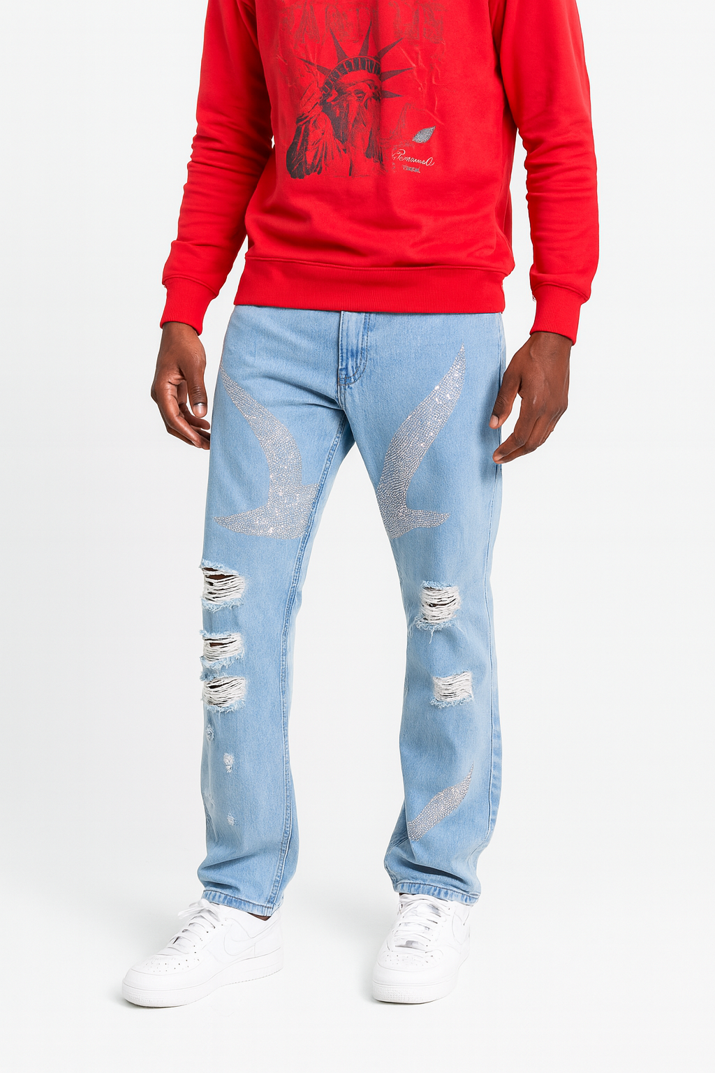 Men with Distressed Denim Jeans with bird and feather in rhinestones with white background