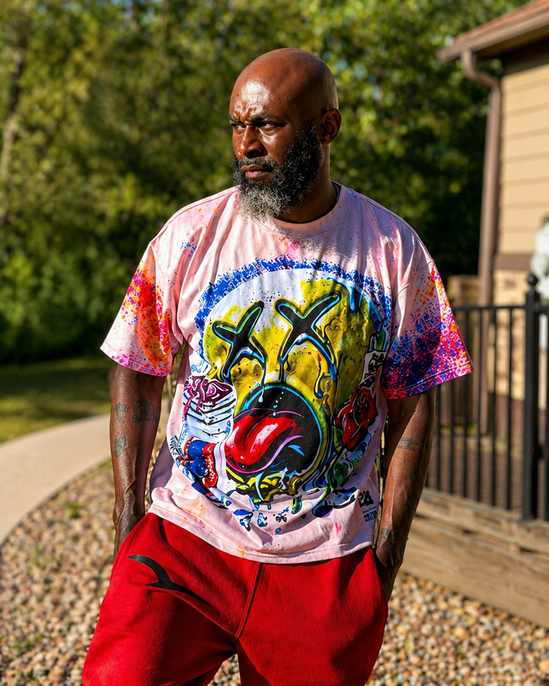 A model wearing colorful graphic streetwear shirt by Je’ Dream Co featuring colorful graffiti-style face design with bold paint splatter details, oversized fit, premium cotton fabric, and expressive urban art aesthetic for standout summer fashion.