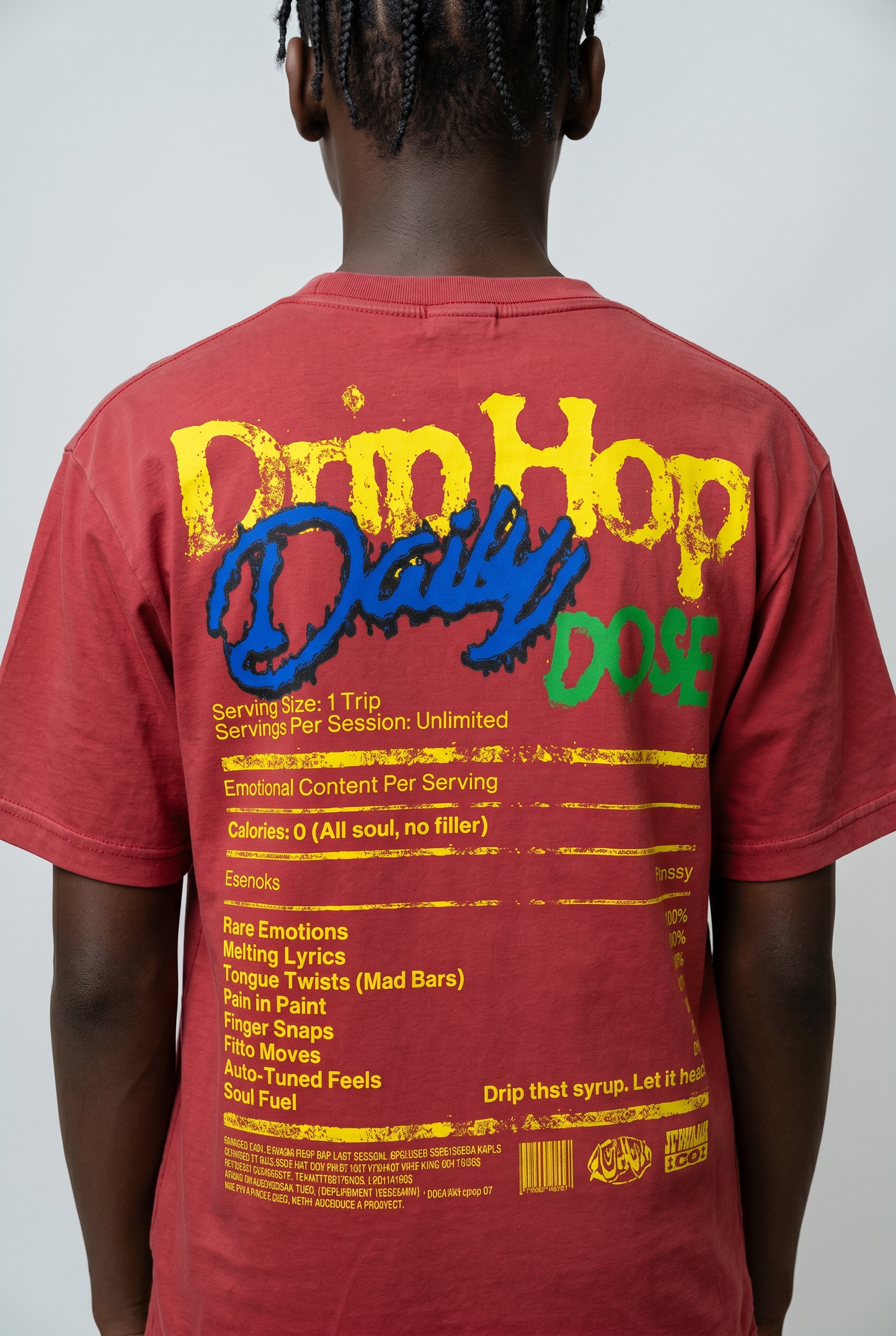 Back of Red acid wash graphic shirt by Je’ Dream Co featuring “Love Hurts Drip Heals” design, oversized streetwear fit, vintage wash finish, bold motivational print, and premium cotton for summer urban fashion style.