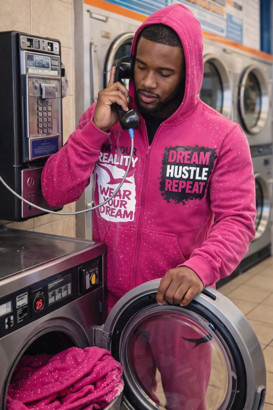 Model with my wear your Dream live your Reality pink sweatsuit with rhinestones, laundry mat background 