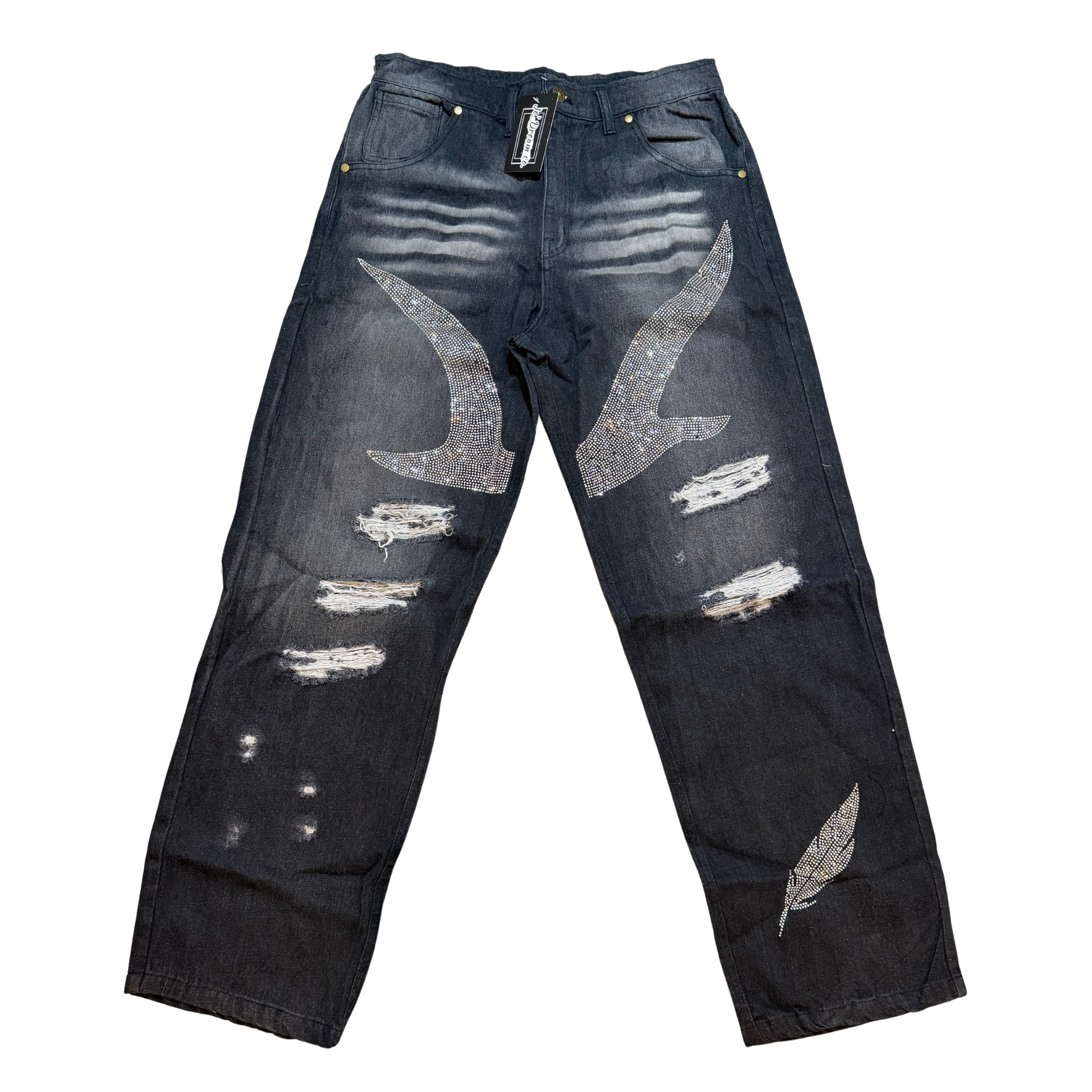 Distressed black jeans with bird and feather design with rhinestones on a white background