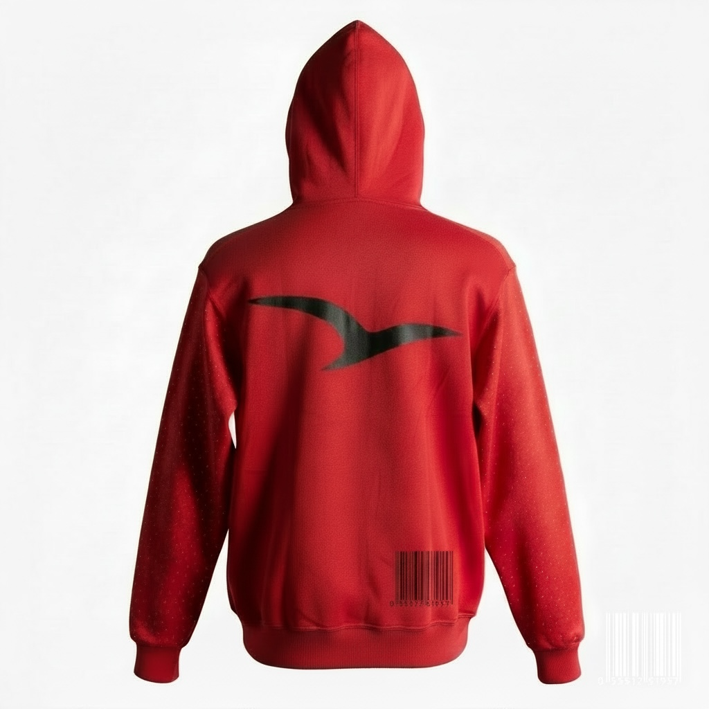 Red hoodie with a black bird symbol logo on the back against a white background