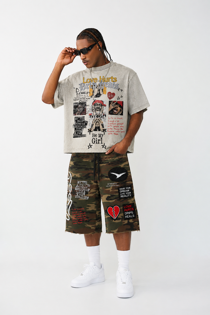Love💔Hurts Drips Heals Camo 3/4 Shorts