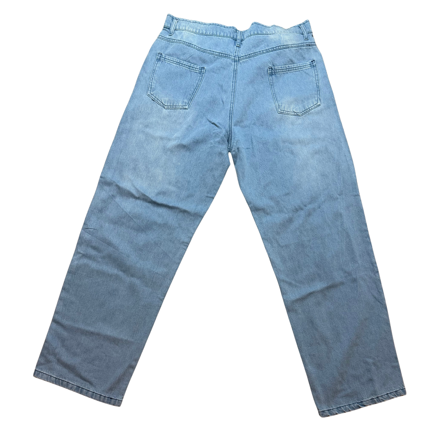 Rear view of Light blue denim jeans on a white background