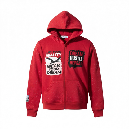 Acid wash Red hoodie with motivational text on a white background some rhinestones 