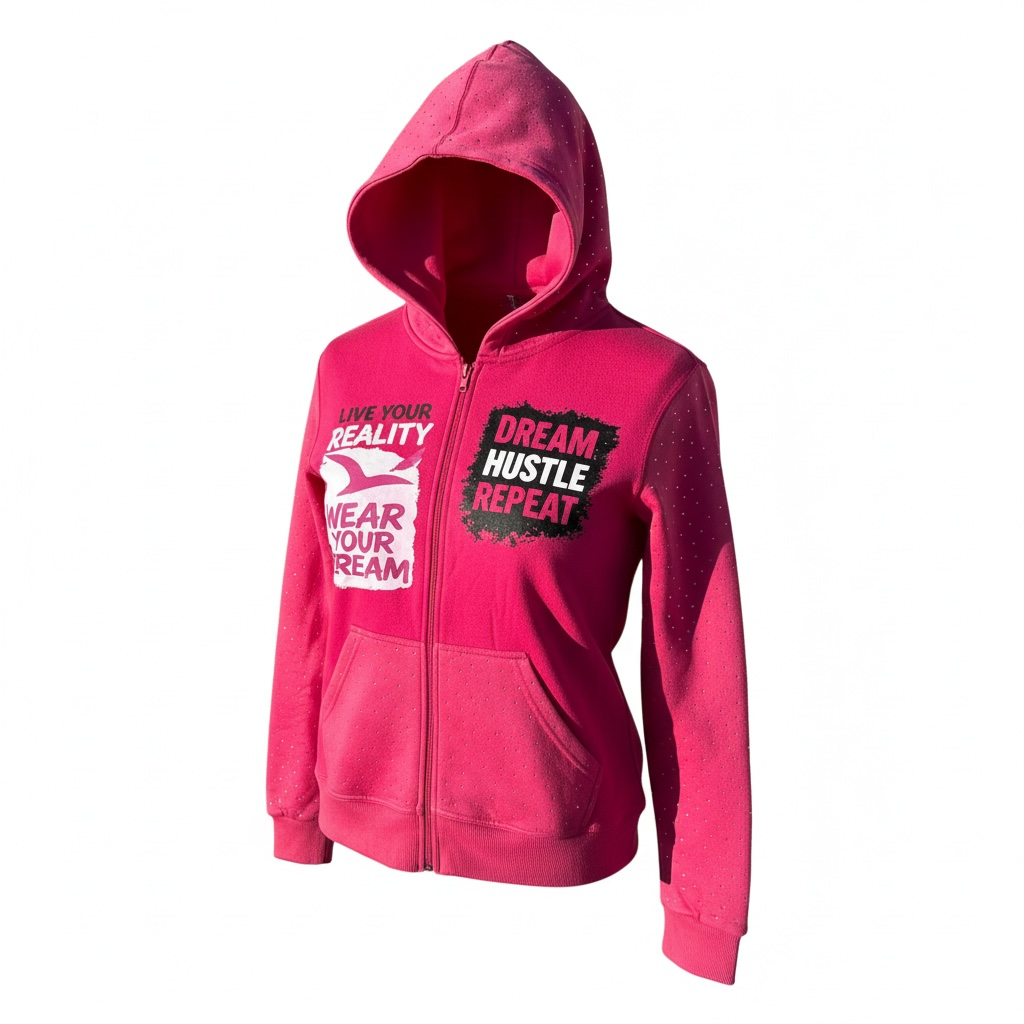 Pink acid wash hoodie with rhinestones and motivational text on a white background