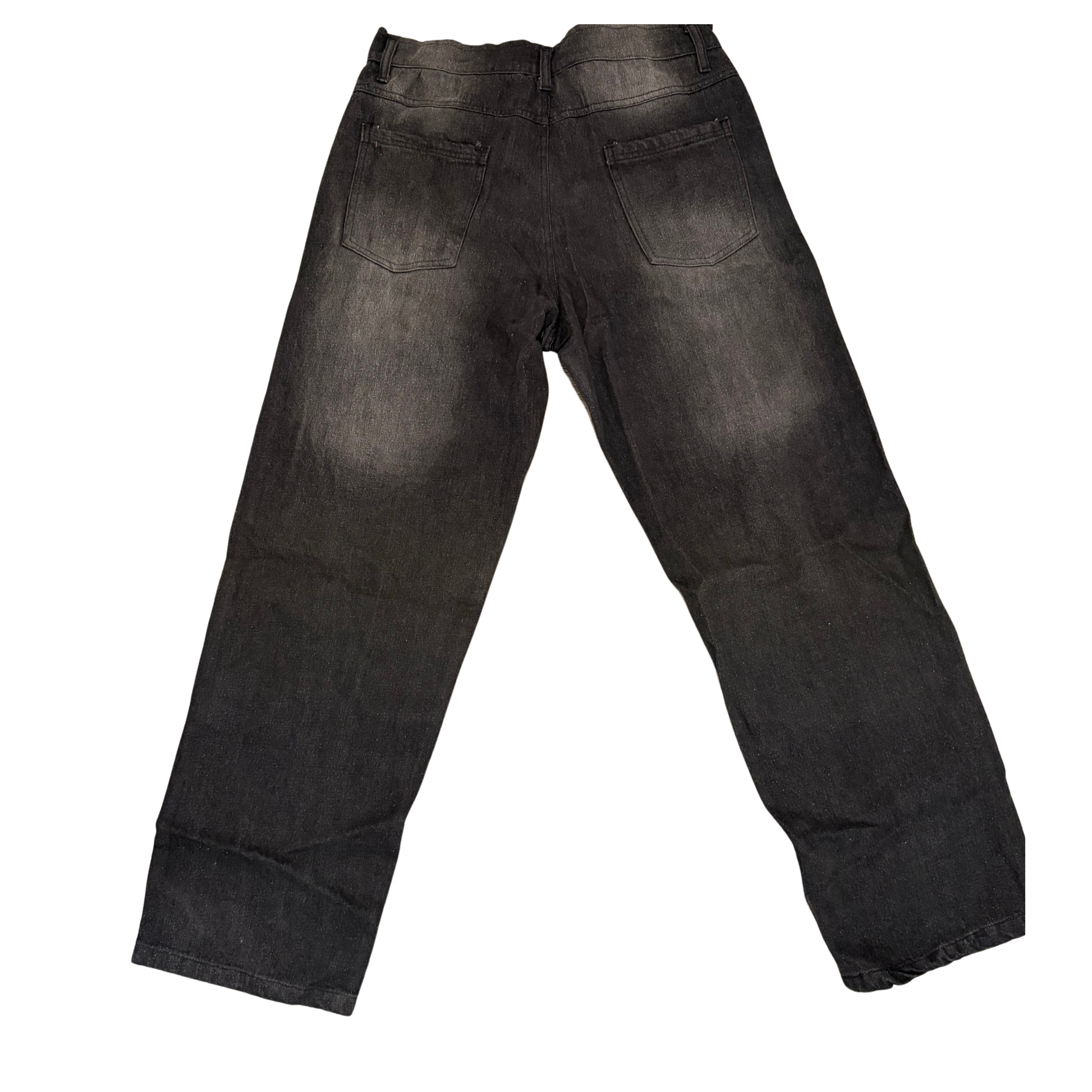 Rear view of our je’ dream co Black jeans on a white background