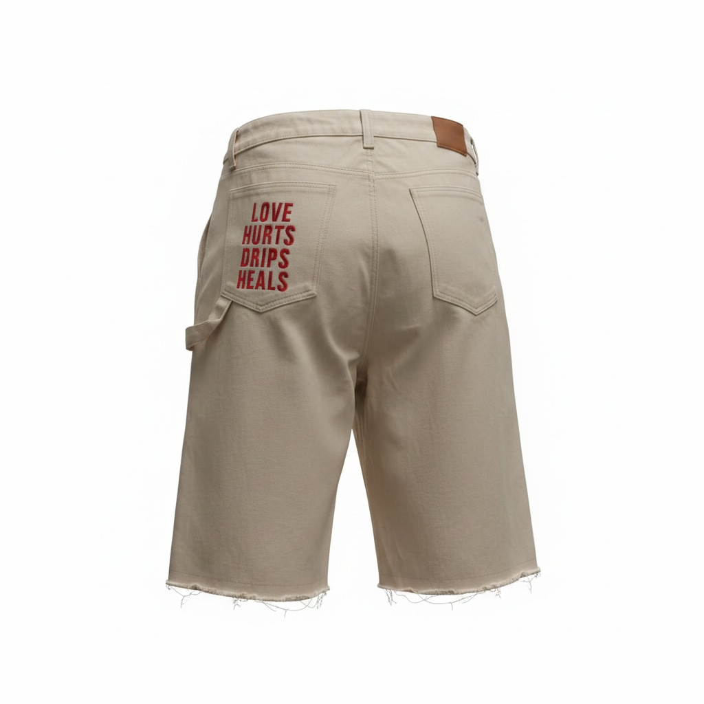 My love hurts drips heals Beige denim jorts  with a red text design on the back pocket that says love hurts drips heals with white background