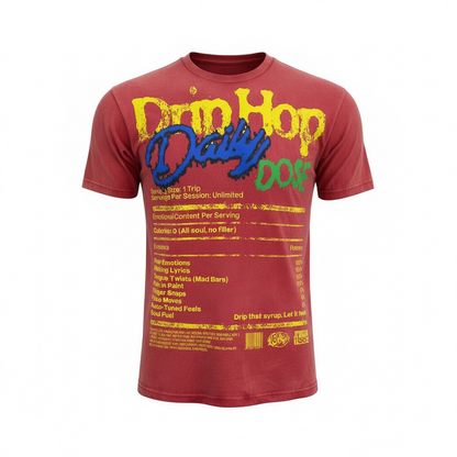 Love hurts drips heals light acid washed Red t-shirt with colorful text and graphics on a white background