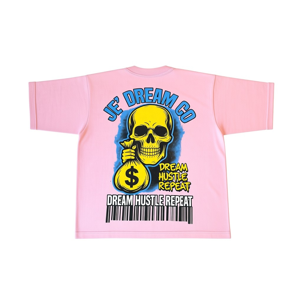 Back view of Pink graphic streetwear shirt by Je’ Dream Co featuring “Turn Your Pain Into Hustle” slogan, bold skull biker design, red flame backdrop, oversized fit, and premium cotton fabric for edgy urban fashion and motivational style.