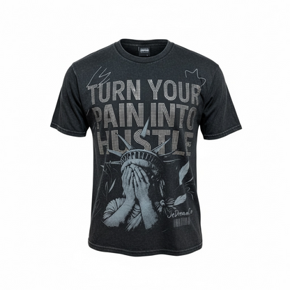 Black acid wash  boxy t-shirt with motivational text in rhinestones and graphic design on a white background