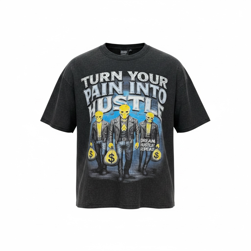 Black acid wash graphic streetwear shirt by Je’ Dream Co featuring “Turn Your Pain Into Hustle” slogan, bold skull biker design, red flame backdrop, oversized fit, and premium cotton fabric for edgy urban fashion and motivational style.