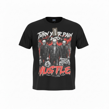 Black graphic streetwear shirt by Je’ Dream Co featuring “Turn Your Pain Into Hustle” slogan, bold skull biker design, red flame backdrop, oversized fit, and premium cotton fabric for edgy urban fashion and motivational style on a white background