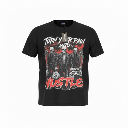 Black graphic streetwear shirt by Je’ Dream Co featuring “Turn Your Pain Into Hustle” slogan, bold skull biker design, red flame backdrop, oversized fit, and premium cotton fabric for edgy urban fashion and motivational style on a white background