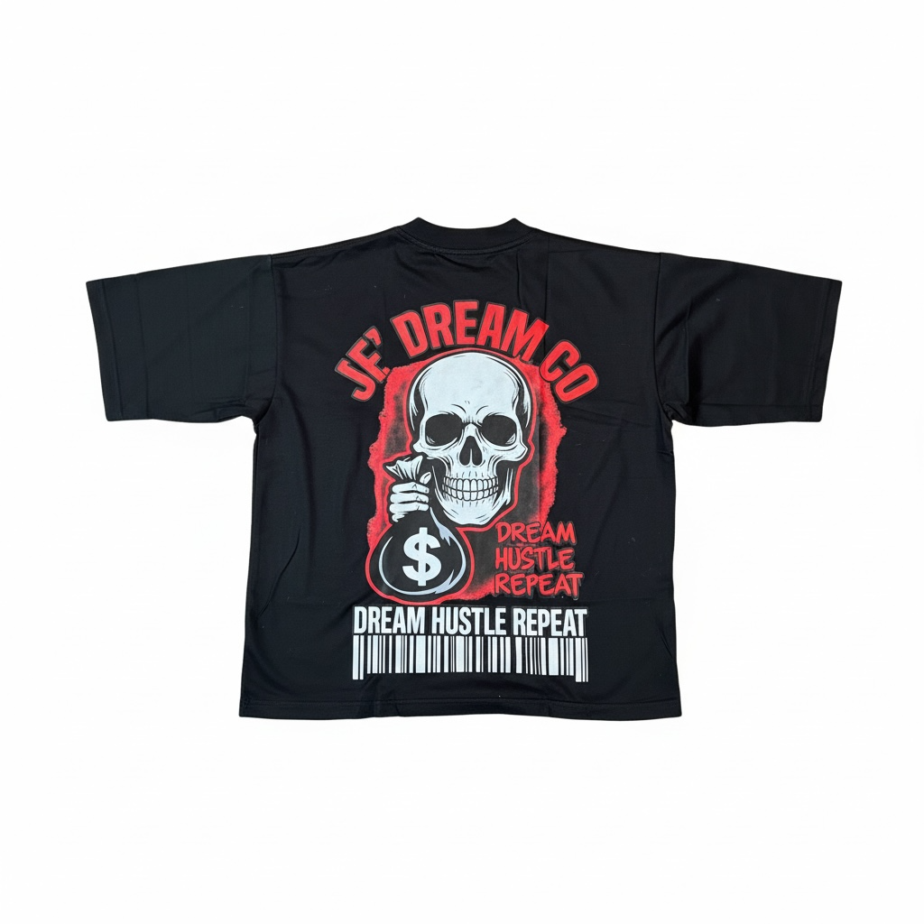 Back of  Black graphic streetwear shirt by Je’ Dream Co featuring “Turn Your Pain Into Hustle” slogan, bold skull biker design, red flame backdrop, oversized fit, and premium cotton fabric for edgy urban fashion and motivational style on a white background
