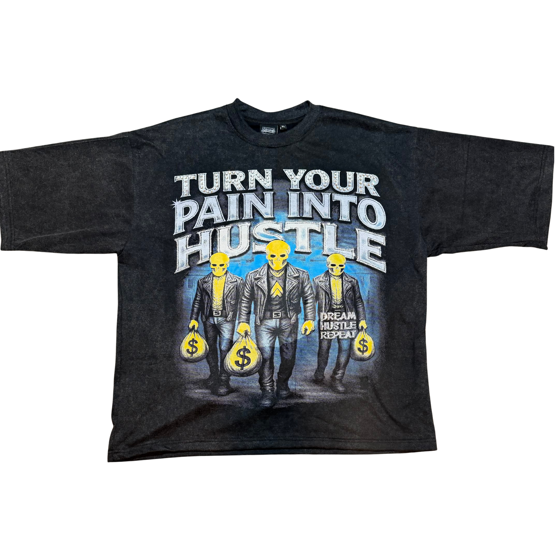 Black acid wash t-shirt with graphic design and text 'Turn Your Pain Into Hustle' on a white background