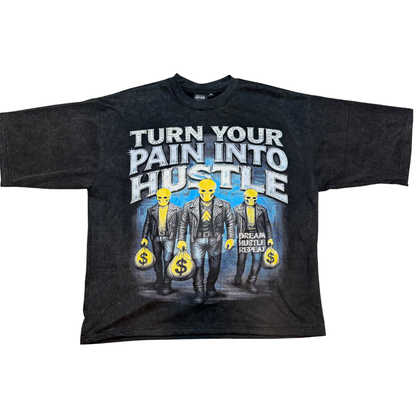 Black acid wash t-shirt with graphic design and text 'Turn Your Pain Into Hustle' on a white background