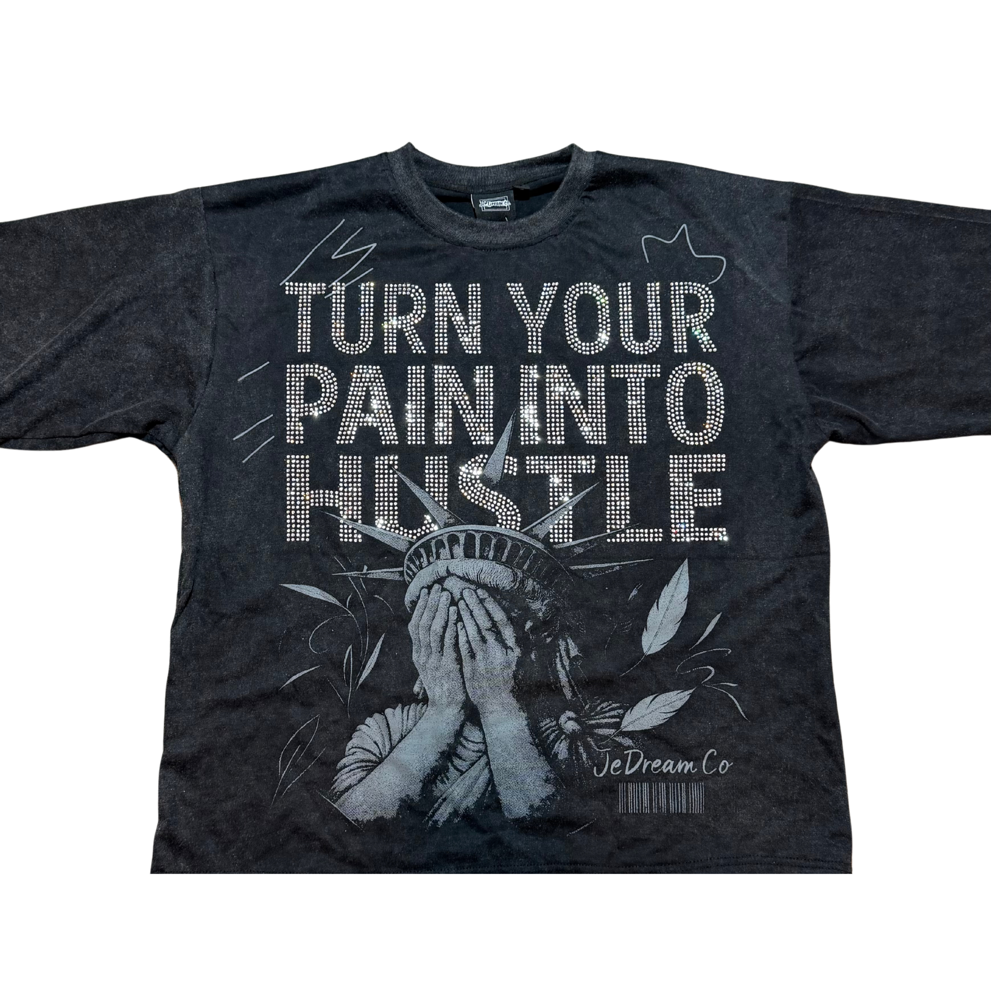 Black acid wash t-shirt with 'Turn Your Pain Into Hustle' text and a graphic design of face of Statue of Liberty on it in white background