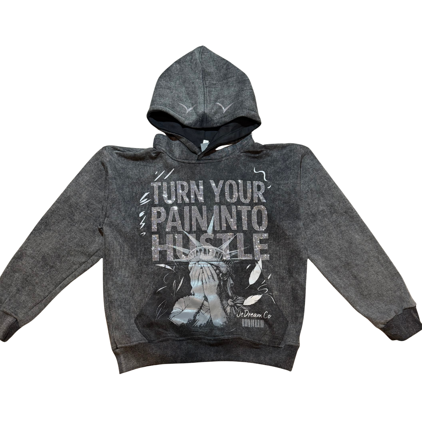 Black acid wash hoodie with rhinestones on front and Statue of Liberty face in white background 