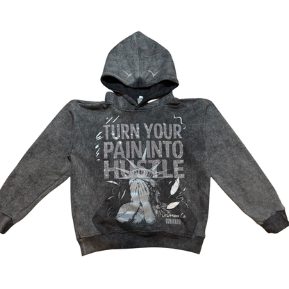 Black acid wash hoodie with rhinestones on front and Statue of Liberty face in white background 