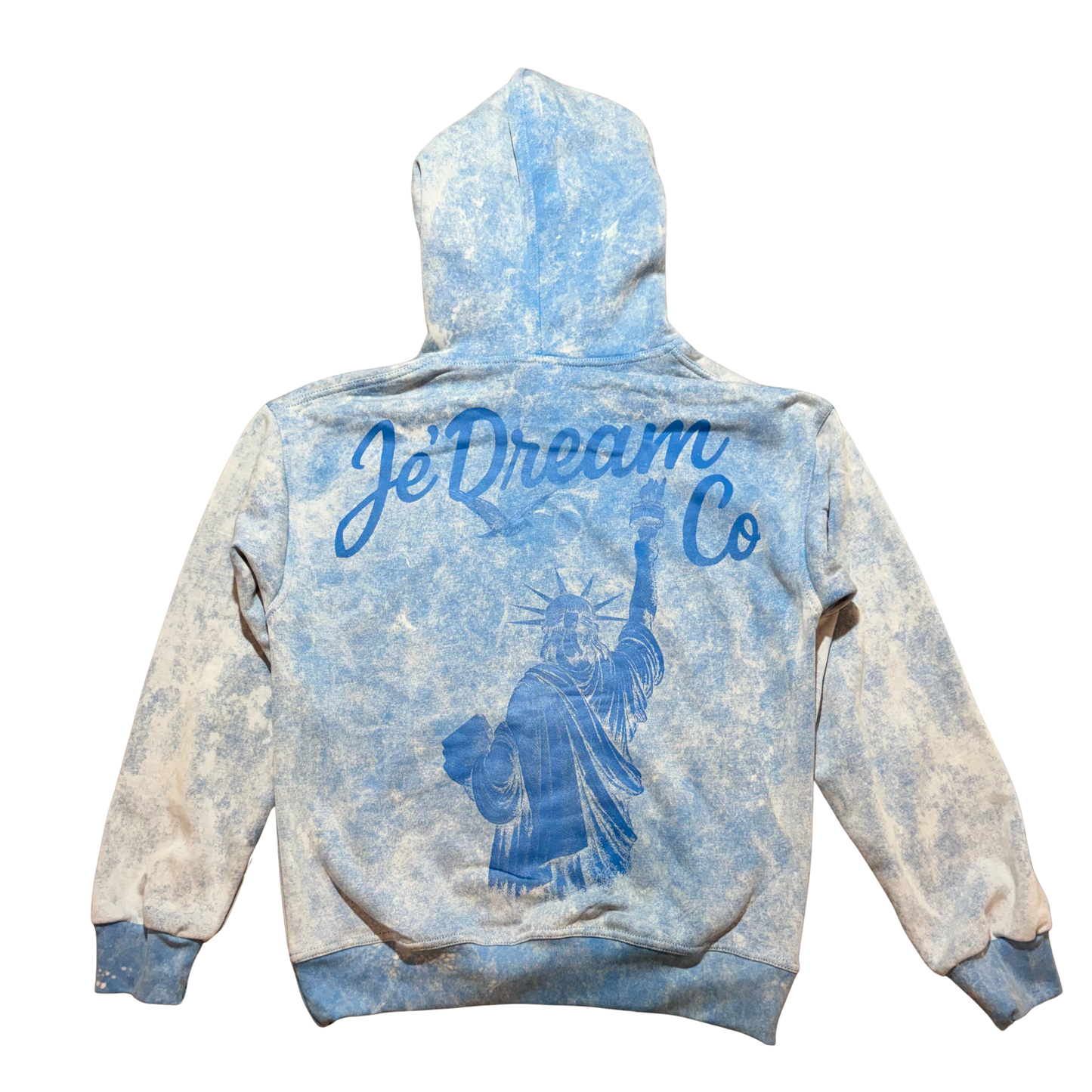 Light blue acid wash hoodie with rhinestones on front and Statue of Liberty face in white background 