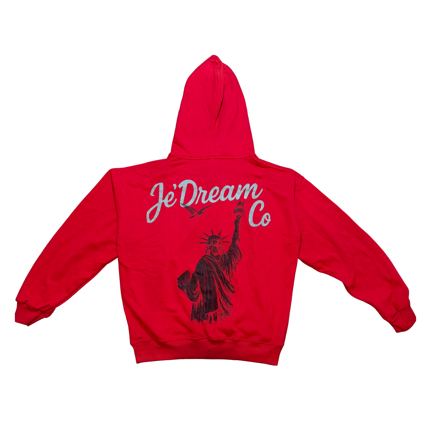 Rear of Red hoodie with 'Je'Dream Co' text and Statue of Liberty design on a white background