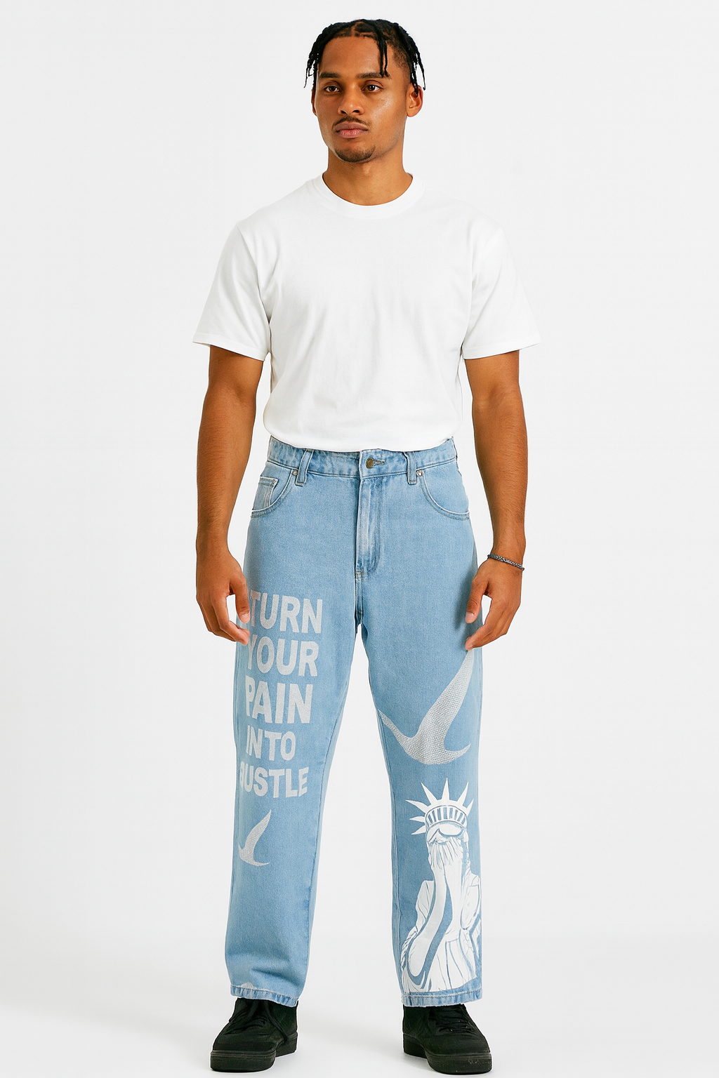 Person wearing light blue jeans bird symbol in rhinestones with text and graphics on a white background