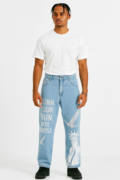 Person wearing light blue jeans bird symbol in rhinestones with text and graphics on a white background