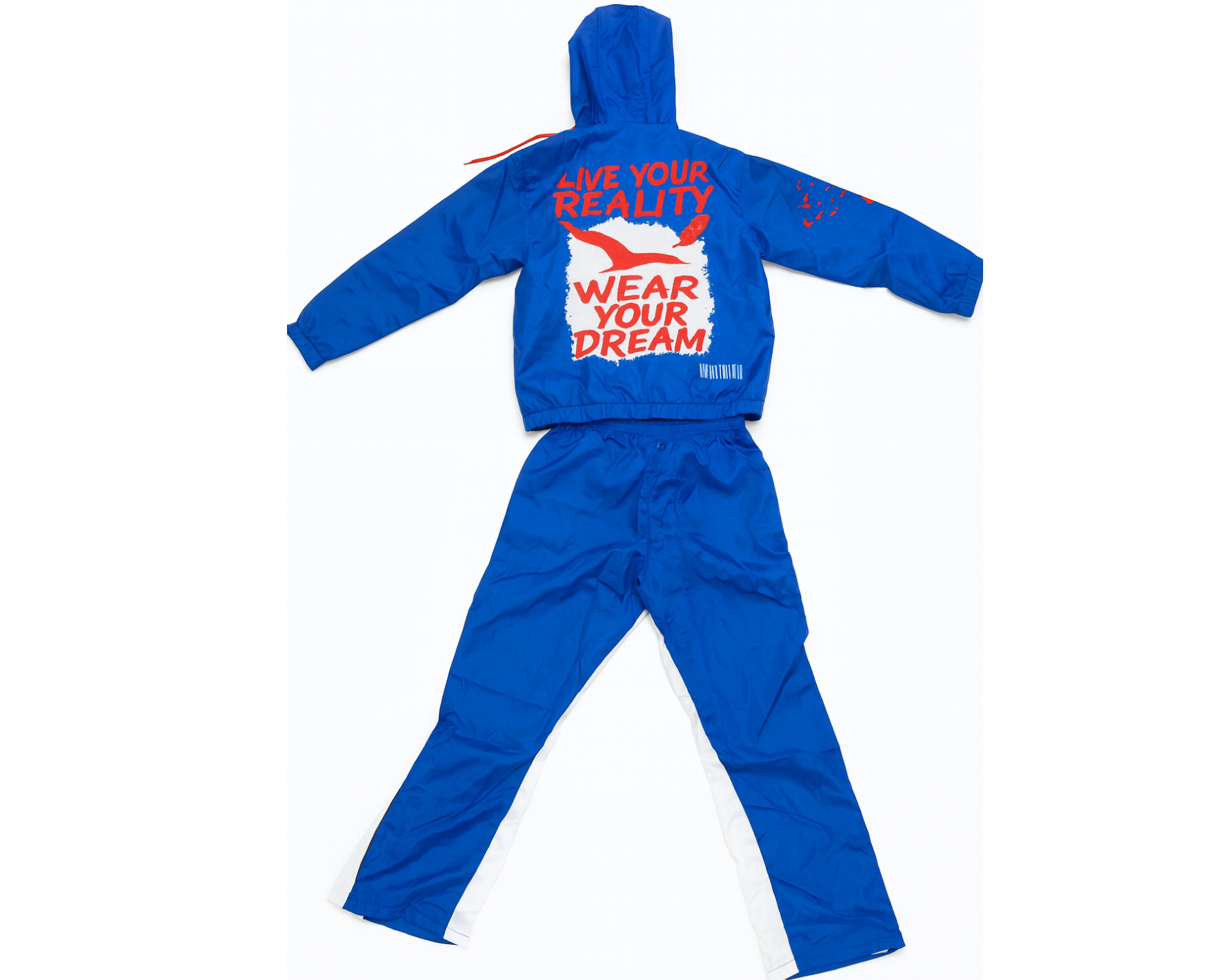 Blue windbreaker with text on the back on a white background