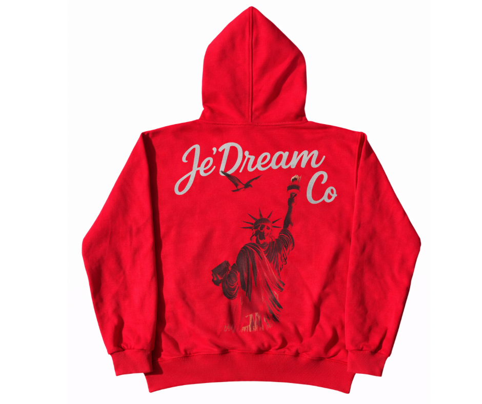 Red hoodie with 'JeDream Co' text and Statue of Liberty graphic on a white background