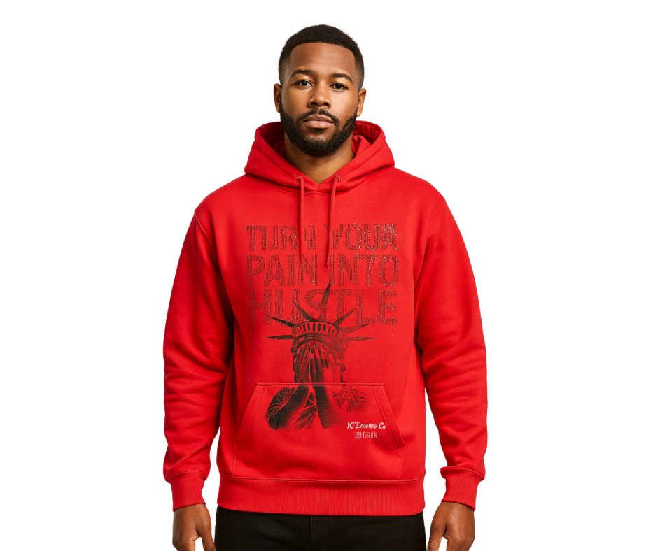 Person wearing a red hoodie with graphic design and text on a white background