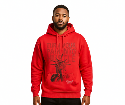 Person wearing a red hoodie with graphic design and text on a white background