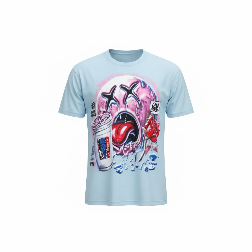 Light blue graphic shirt by Je’ Dream Co featuring “Love Hurts Drip Heals” design, oversized streetwear fit, soft breathable cotton, clean summer colorway, and bold motivational print for everyday urban fashion style on a white background