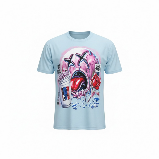 Light blue graphic shirt by Je’ Dream Co featuring “Love Hurts Drip Heals” design, oversized streetwear fit, soft breathable cotton, clean summer colorway, and bold motivational print for everyday urban fashion style on a white background