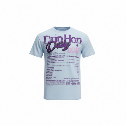 Back of Light blue graphic shirt by Je’ Dream Co featuring “Love Hurts Drip Heals” design, oversized streetwear fit, soft breathable cotton, clean summer colorway, and bold motivational print for everyday urban fashion style a white background