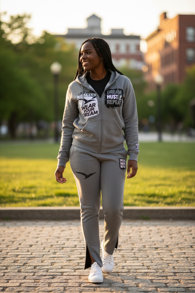 Woman model in my Light grey rhinestone sweatsuit by Je’ Dream Co featuring “Wear Your Dream Live Your Reality” and “Dream Hustle Repeat” graphics, full-zip hoodie and jogger set, premium fabric, sparkling rhinestone details, and luxury streetwear style for everyday motivation in  walking on a brick path with a blurred background