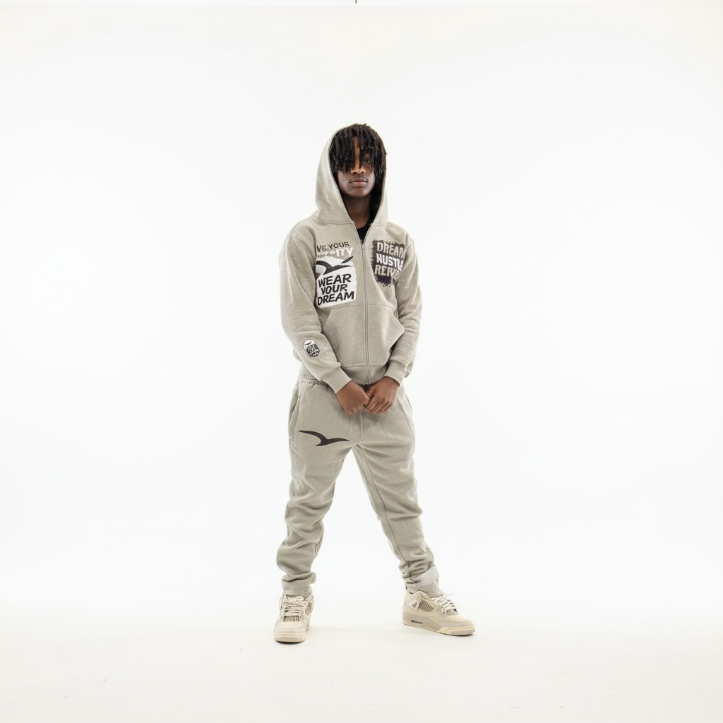 Model wearing    Light grey rhinestone sweatsuit by Je’ Dream Co featuring “Wear Your Dream Live Your Reality” and “Dream Hustle Repeat” graphics, full-zip hoodie and jogger set, premium fabric, sparkling rhinestone details, and luxury streetwear style for everyday motivation on a white background