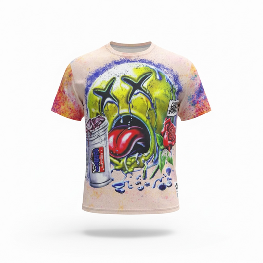 Colorful graphic streetwear shirt by Je’ Dream Co featuring colorful graffiti-style face design with bold paint splatter details, oversized fit, premium cotton fabric, and expressive urban art aesthetic for standout summer fashion. on a white background