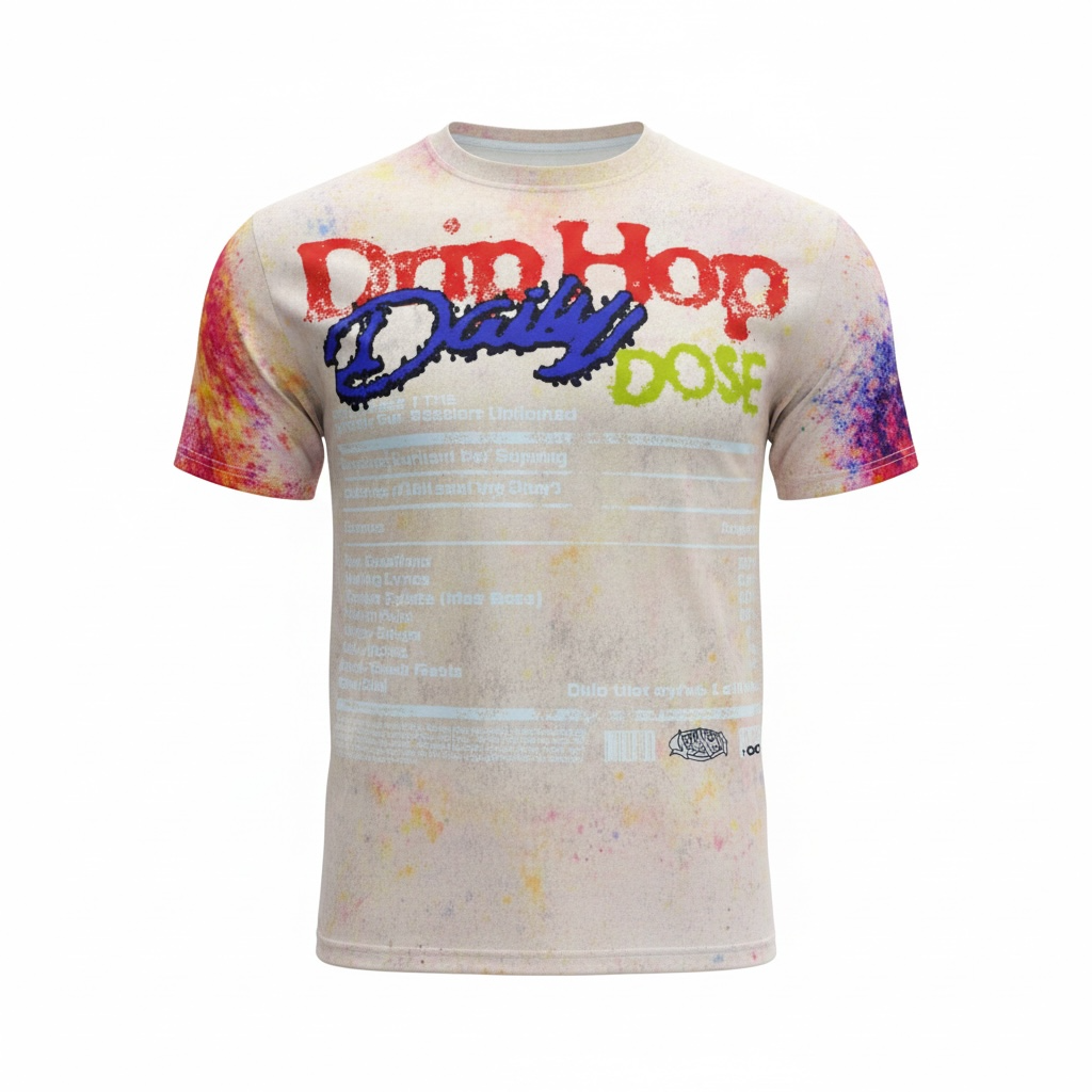 Colorful graphic streetwear shirt by Je’ Dream Co featuring colorful graffiti-style face design with bold paint splatter details, oversized fit, premium cotton fabric, and expressive urban art aesthetic for standout summer fashion. On white background 