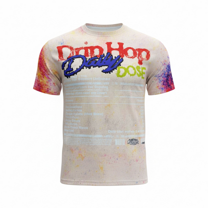 Colorful graphic streetwear shirt by Je’ Dream Co featuring colorful graffiti-style face design with bold paint splatter details, oversized fit, premium cotton fabric, and expressive urban art aesthetic for standout summer fashion. On white background 