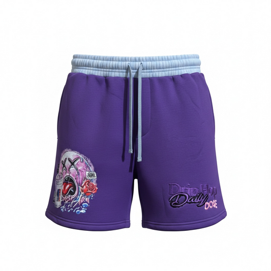 Love hurts drips heal purple shorts with graphic on one leg and drip hop dose daily embroidery on other side 