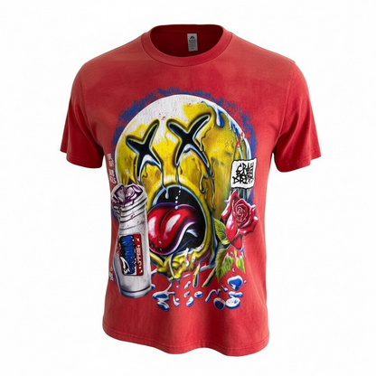My love hurts drips heals Red light acid washed t-shirt with colorful graphic design on a white background