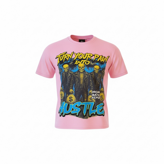 Pink graphic streetwear shirt by Je’ Dream Co featuring “Turn Your Pain Into Hustle” slogan, bold skull biker design, red flame backdrop, oversized fit, and premium cotton fabric for edgy urban fashion and motivational style.