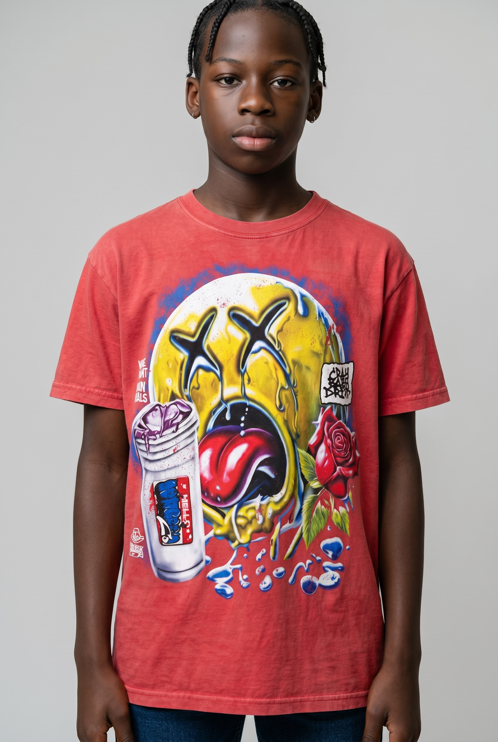 Red acid wash graphic shirt by Je’ Dream Co featuring “Love Hurts Drip Heals” design, oversized streetwear fit, vintage wash finish, bold motivational print, and premium cotton for summer urban fashion style on a plain background