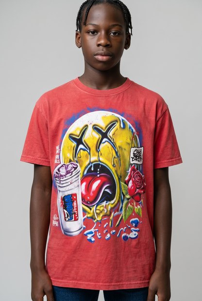 Red acid wash graphic shirt by Je’ Dream Co featuring “Love Hurts Drip Heals” design, oversized streetwear fit, vintage wash finish, bold motivational print, and premium cotton for summer urban fashion style on a plain background