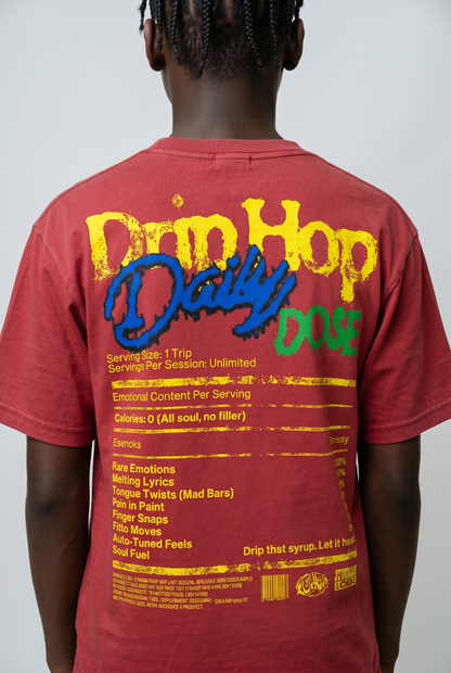 Back of Red acid wash graphic shirt by Je’ Dream Co featuring “Love Hurts Drip Heals” design, oversized streetwear fit, vintage wash finish, bold motivational print, and premium cotton for summer urban fashion style.