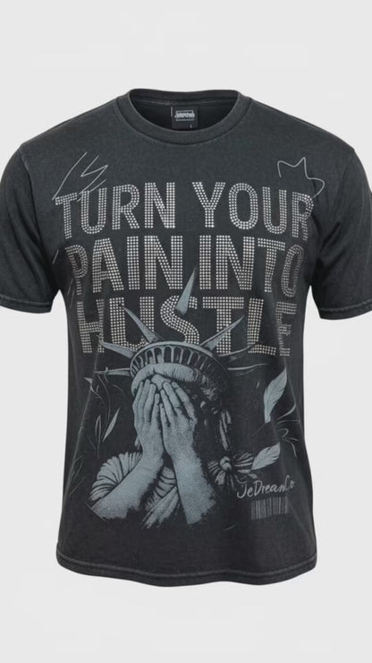 Turn Your Pain Into Hustle™ – Black Acid Wash Boxy Tee (250 GSM)with Rhinestones